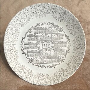 1962 Calendar Porcelain Collector Plate 9” White with Gold Filagree  Border